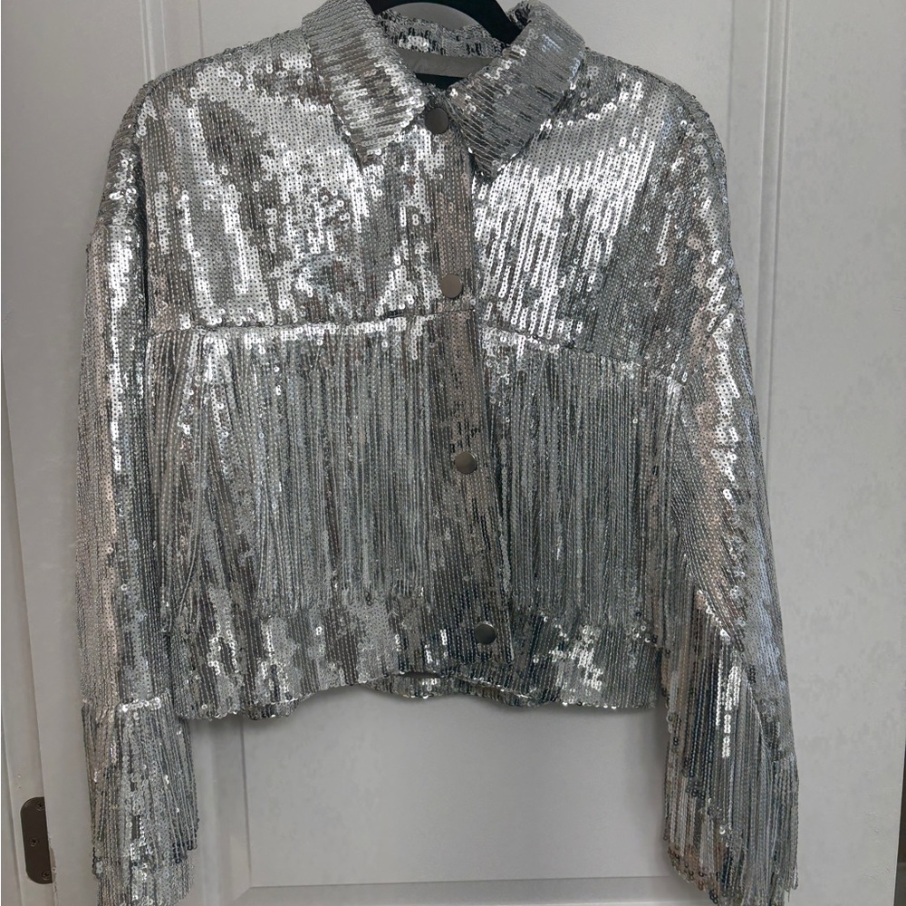 COWBOY CARTER Zara Silver Sequin Fringe Jacket